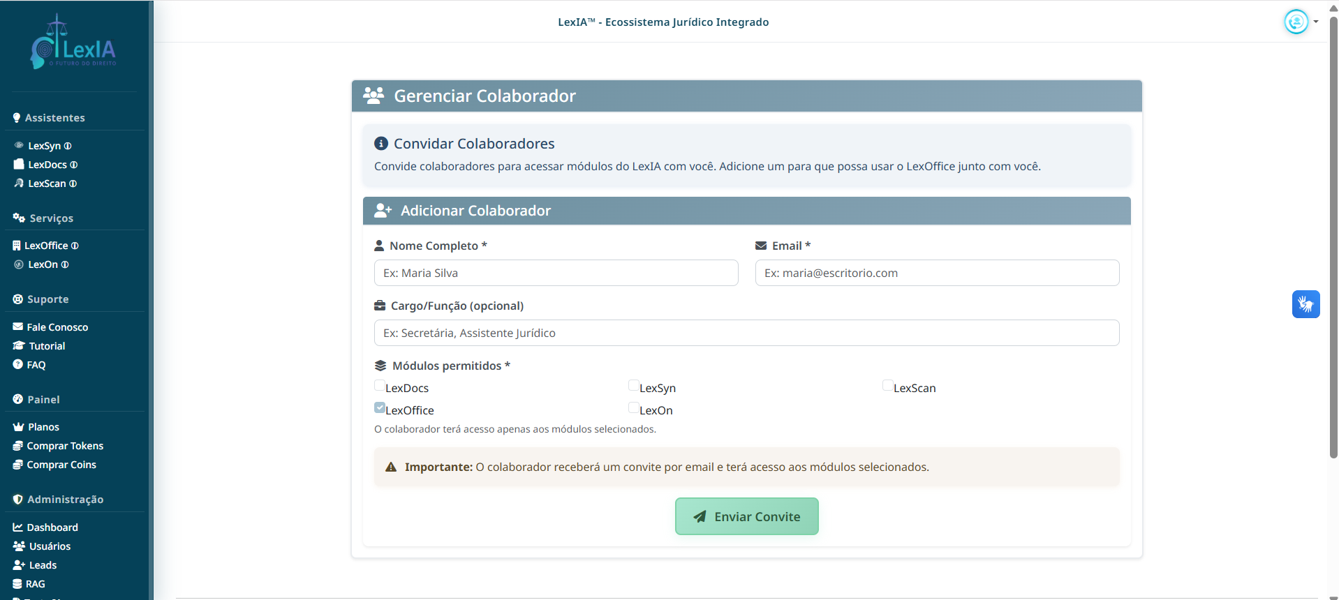 Fluxo para convidar colaborador na LexIA™